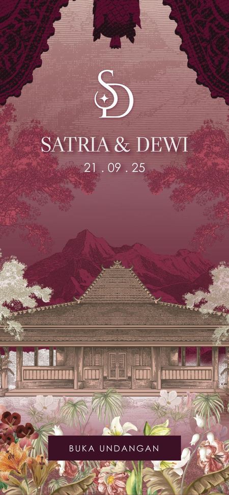 Sampul ilustrasi merah tua dengan rumah joglo Jawa, pegunungan, dan bunga tropis