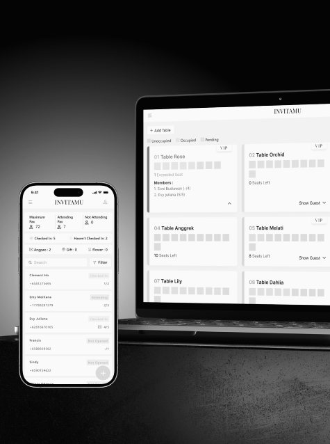 Daftar tamu dan denah meja Invitamu di laptop dan ponsel